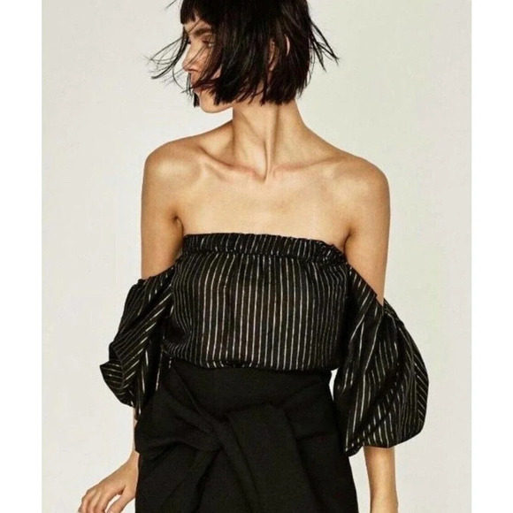 ZARA BLACK AND GOLD OFF THE SHOULDER TOP Size‎ Medium. Perfect Sexy Top - Picture 1 of 8